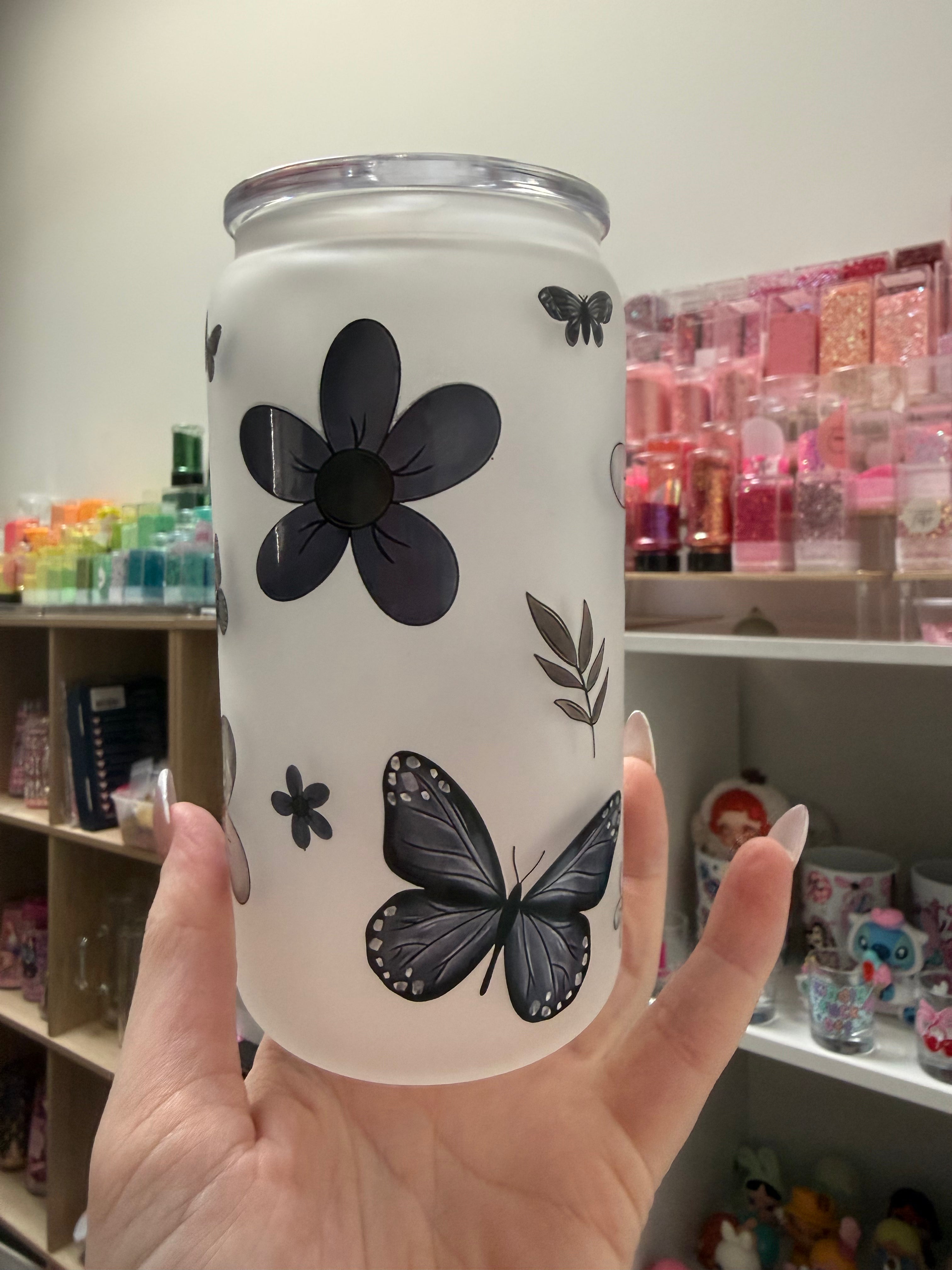 FROSTED GLASS B&W Butterflies