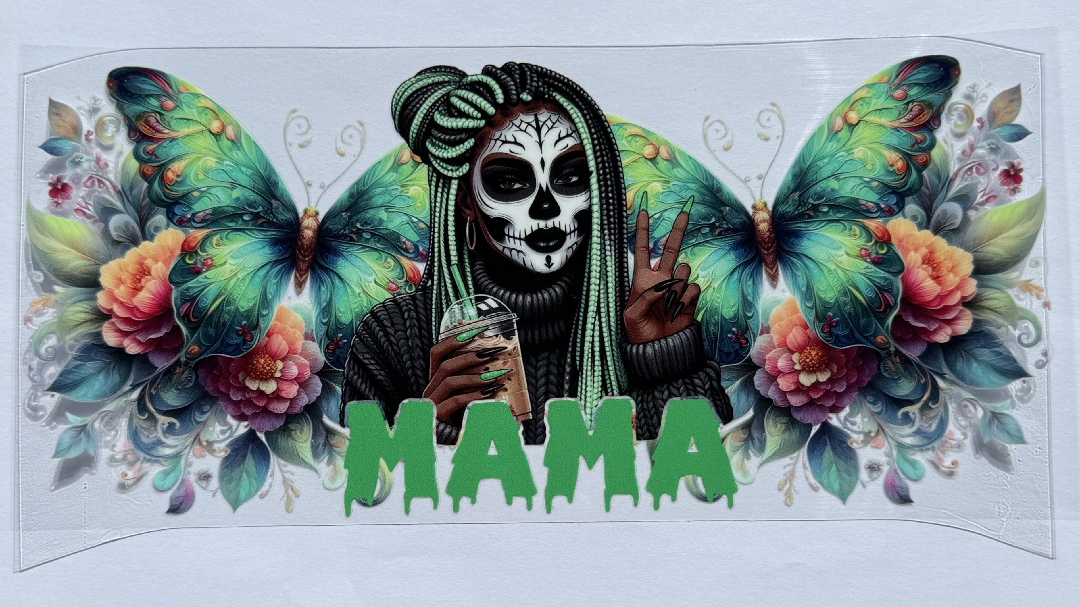 Mama - skull, green, butterflies